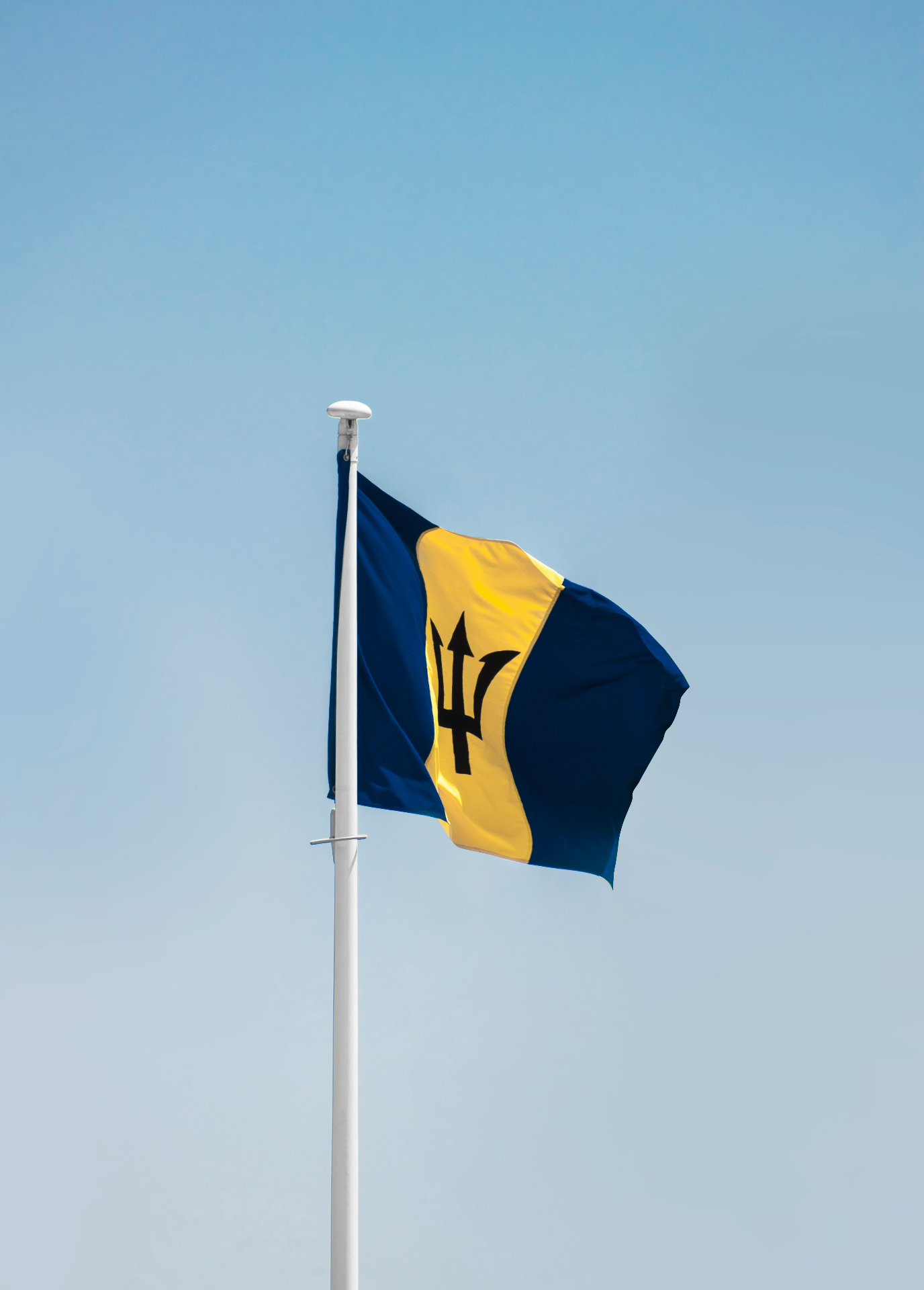 Barbados national flag flying against a clear blue sky